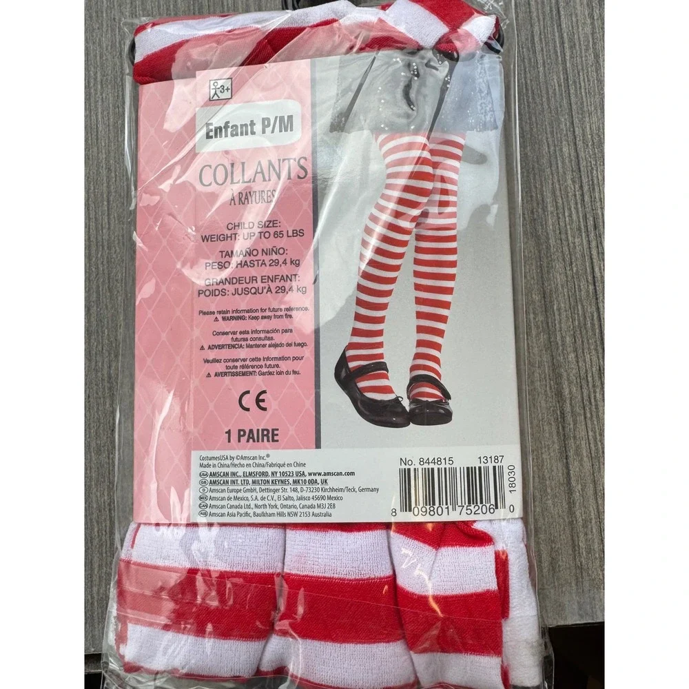 Amscan Child SM Red White Striped Tights Kids Costume Hosiery 844815 Up to 65lbs